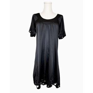 Vertigo Paris Black Satin Eyelet Cutout Short Sleeve Mini Babydoll Dress Small